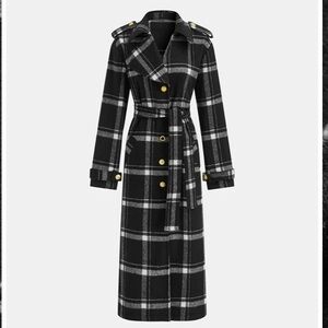 COMMENSE Black White Plaid Flannel Belted Trench Coat NWT